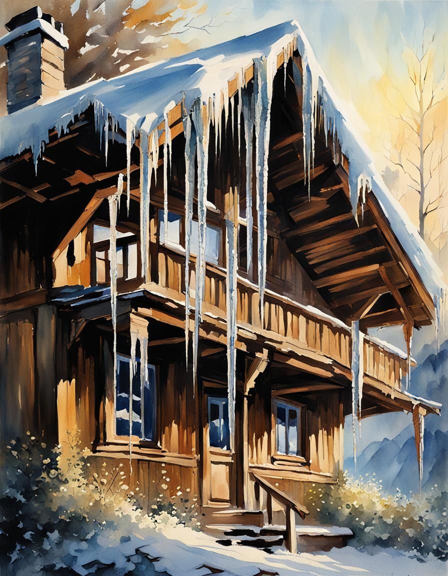Sparkling Icicles on Chalet Roof in Winter
