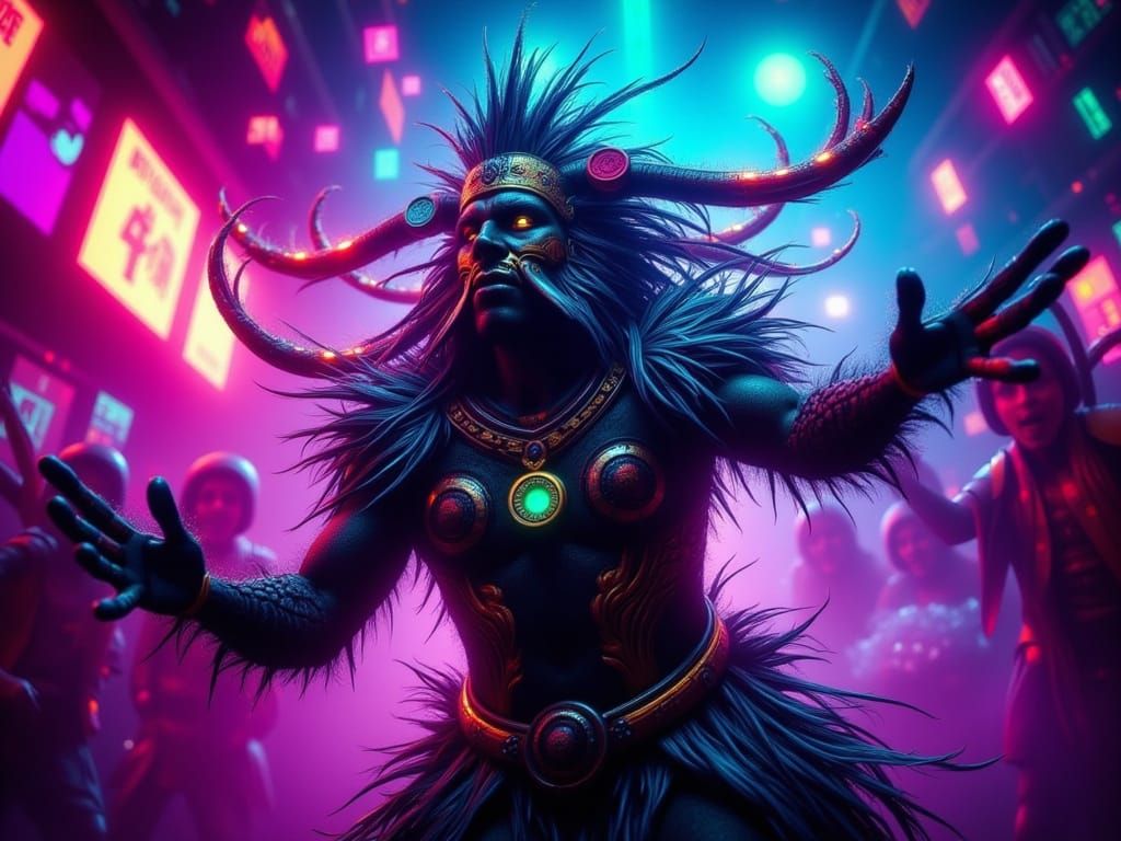 Cyberpunk Haka Dance in Neon Cityscape