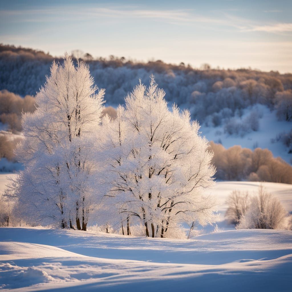 Serene Winter Landscape with Snow-Covered Hills