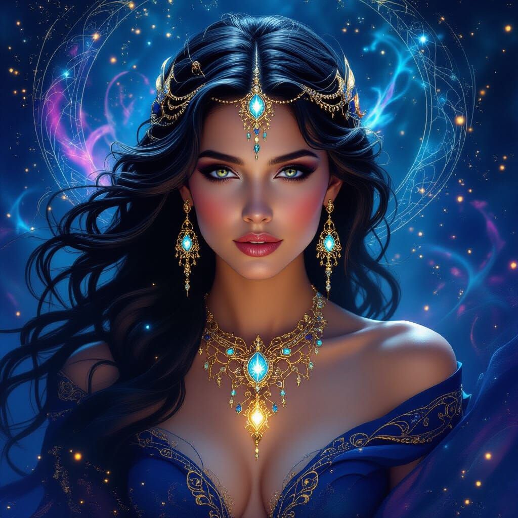 Mystical Woman with Glowing Future-Revealing Jewelry