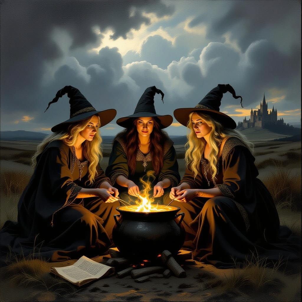Three Witches Gathering on a Moor in Renaissance Style