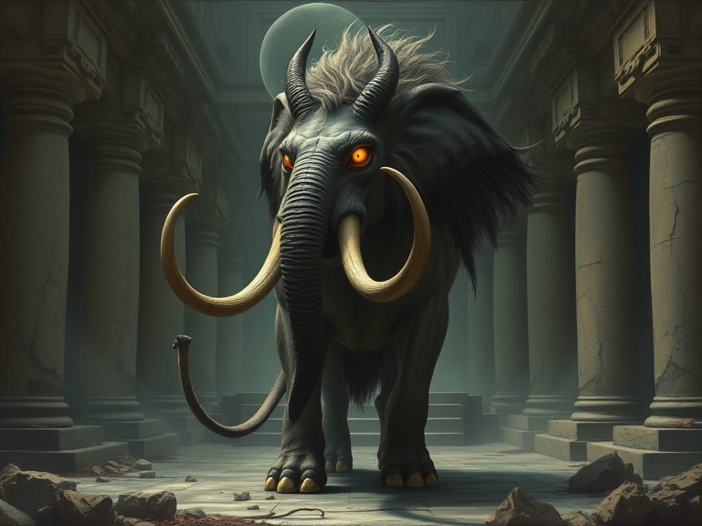 Mystical Yali Creature in Dark Temple