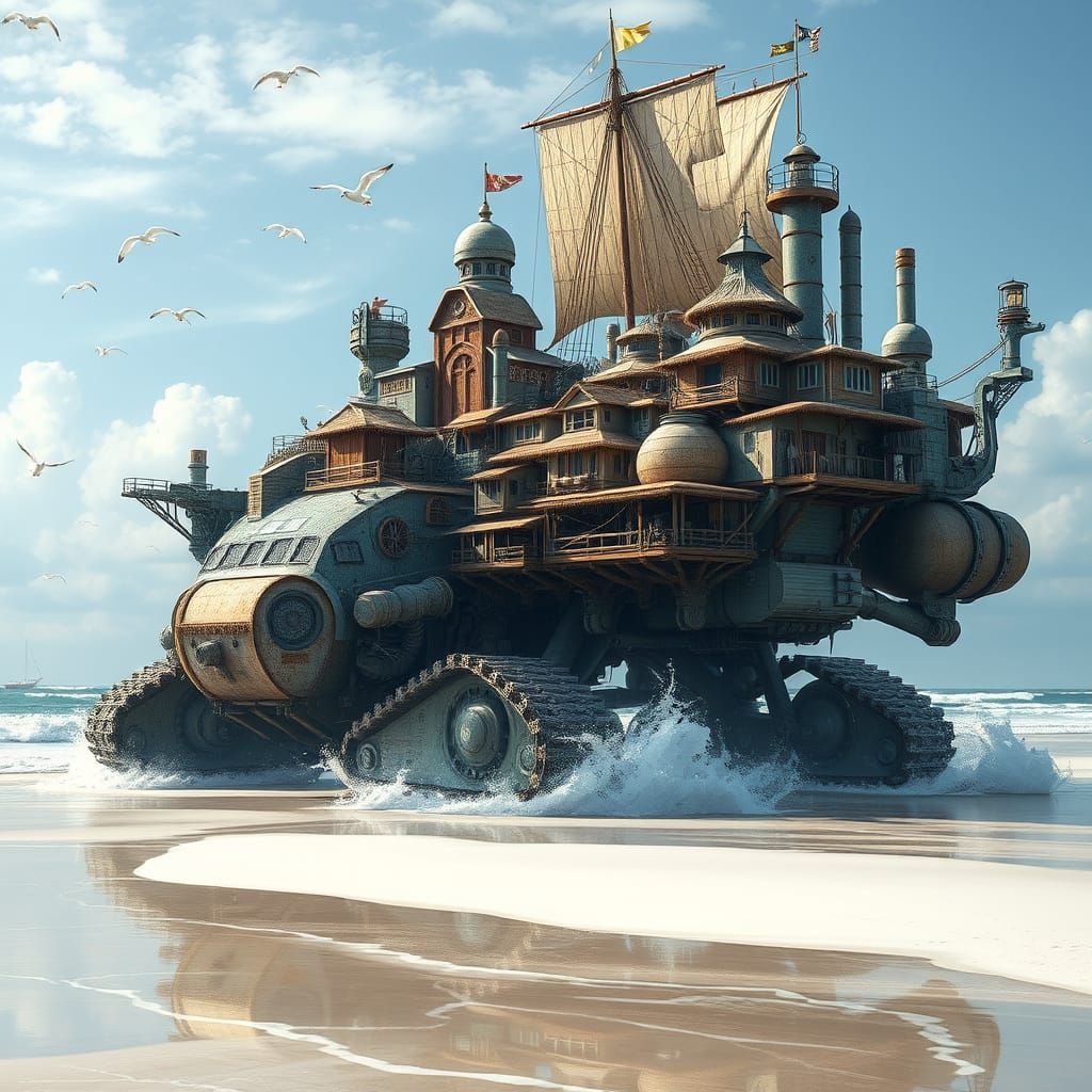 Steampunk Rolling Cities Arrive at Ocean's Edge