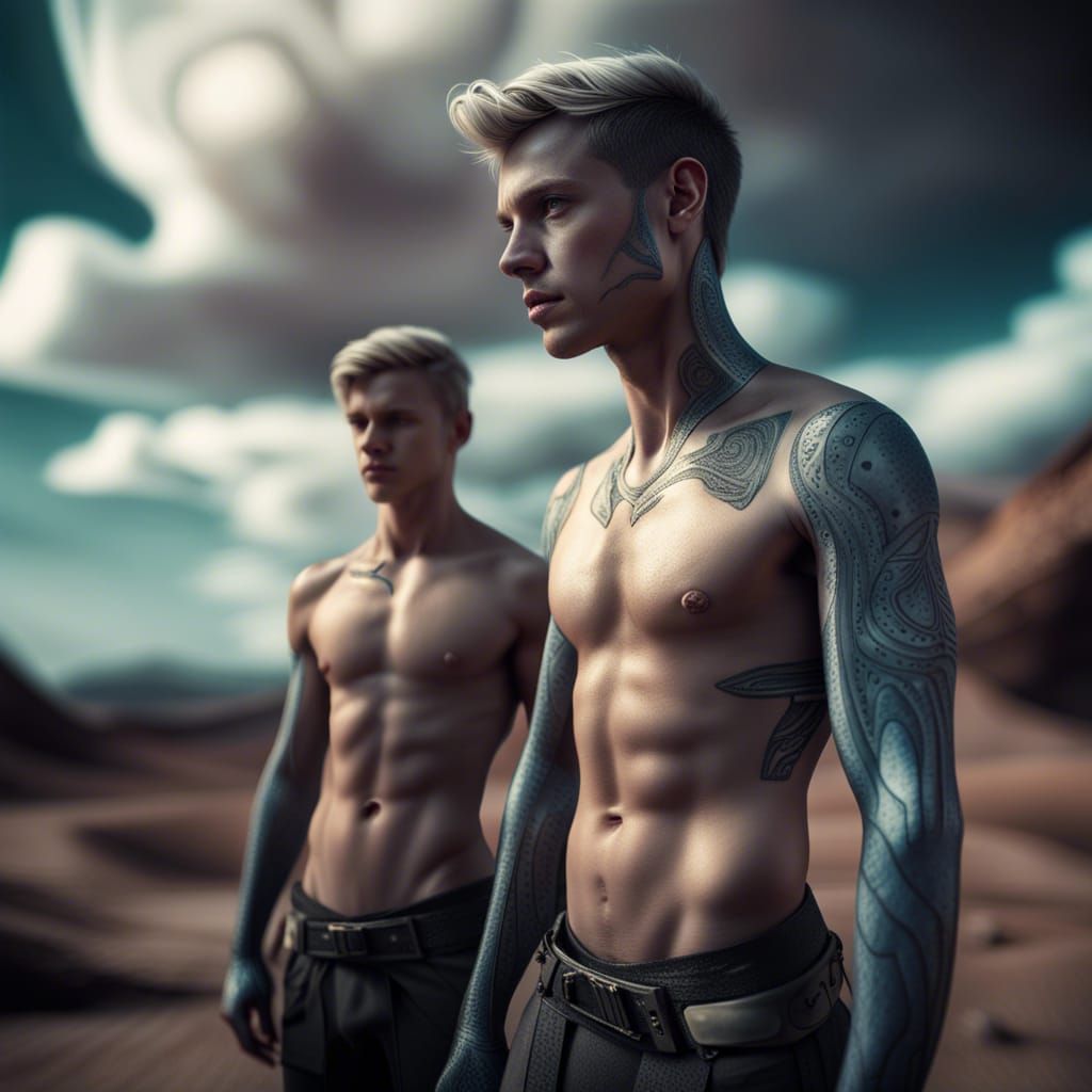 Sci-Fi Gay Couple in Alien Landscape: Hyperrealistic Renderi...
