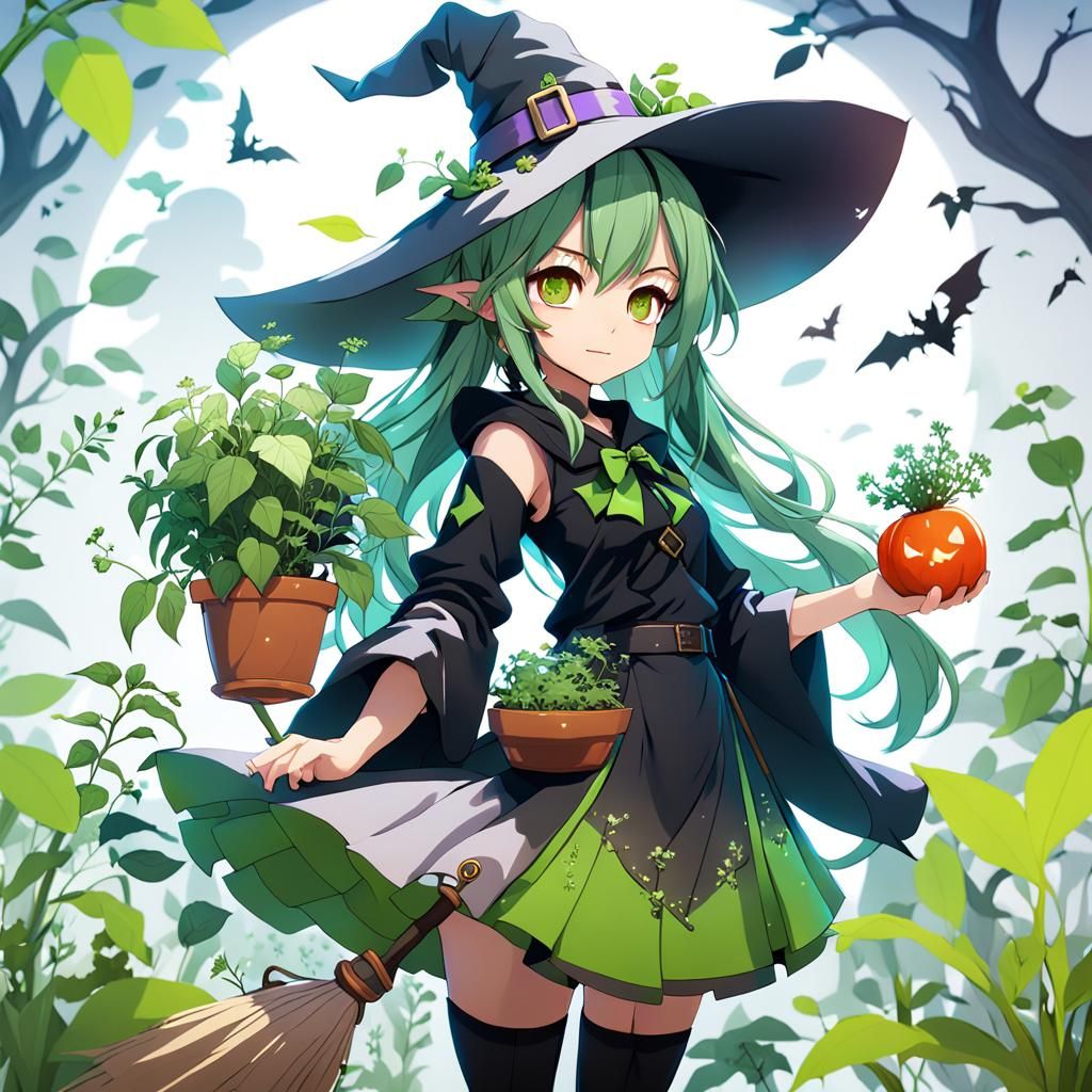 masterpiece, cute plant and herbs themed witch girl