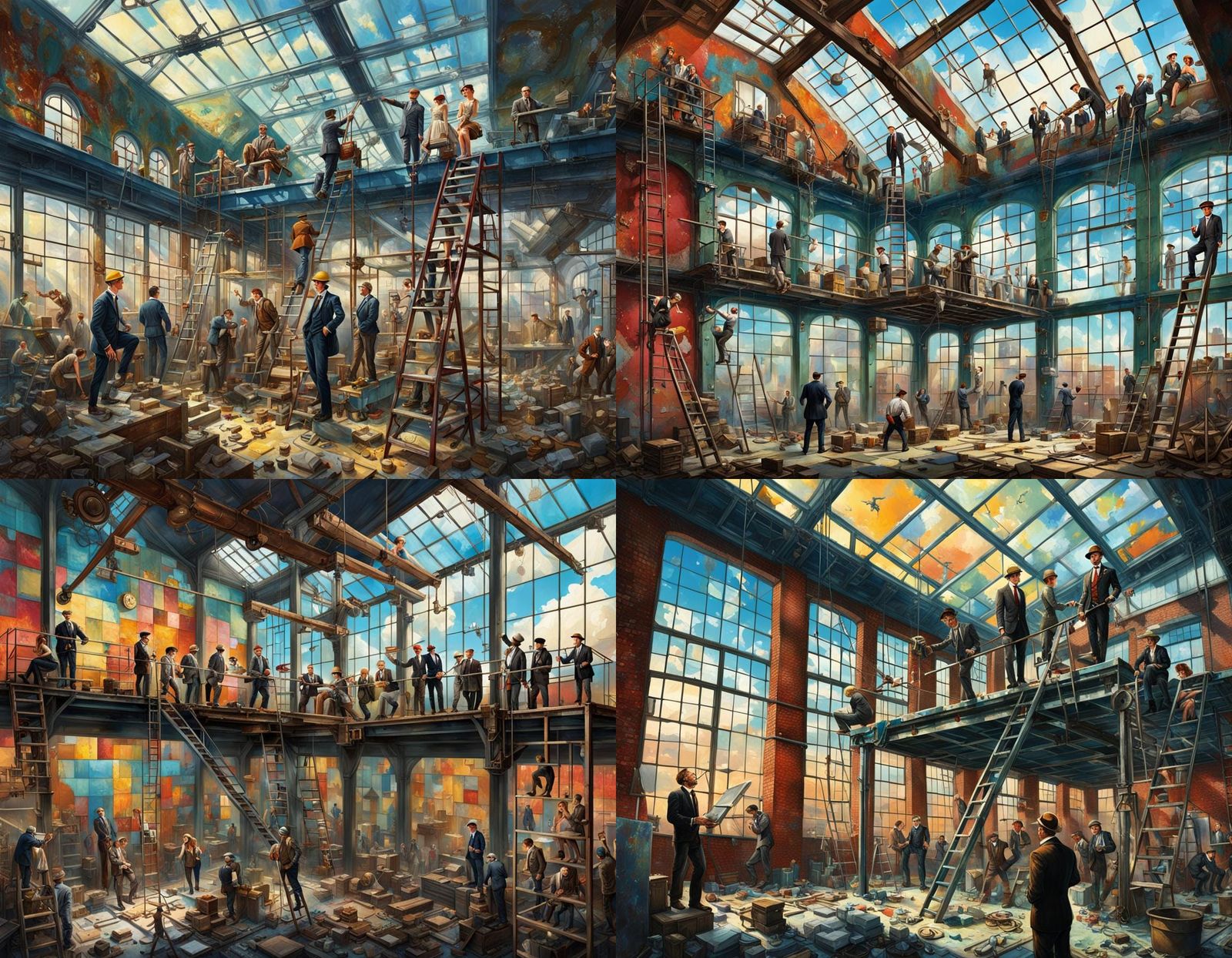 Surreal Steampunk Glass Ceiling Repair in Hyper-Realism