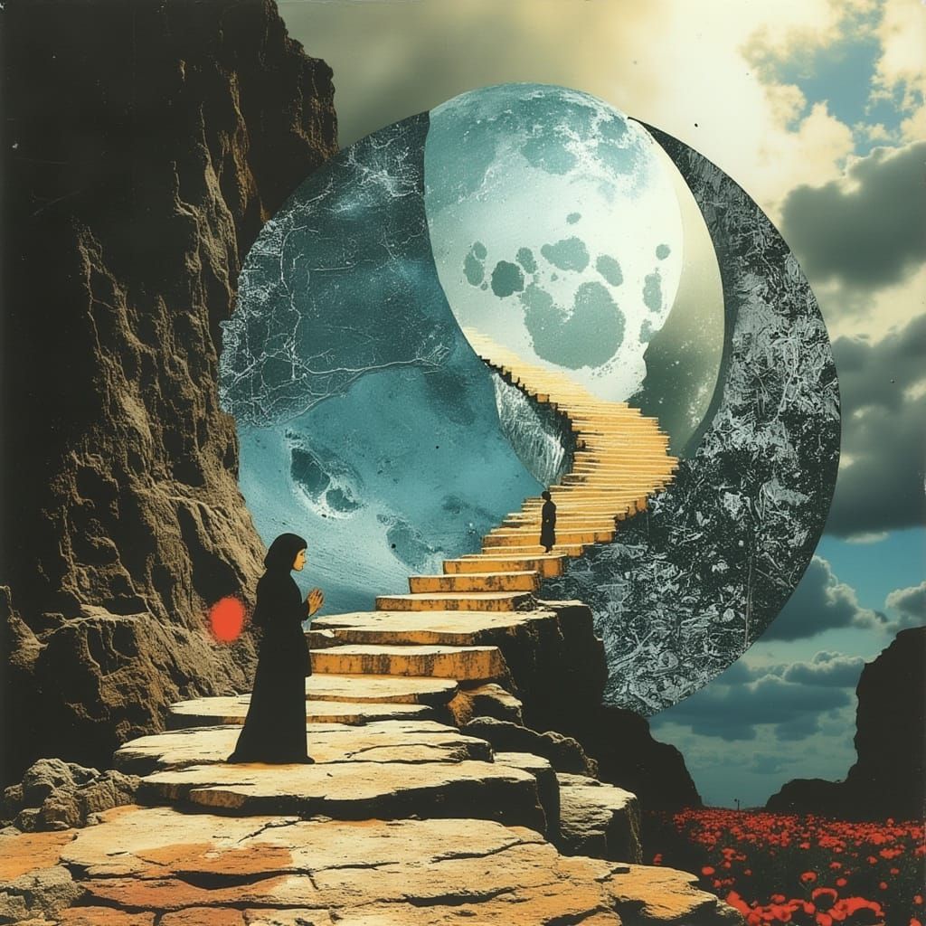 Dreamlike Double Exposure Landscape with Stairway to Nowhere...