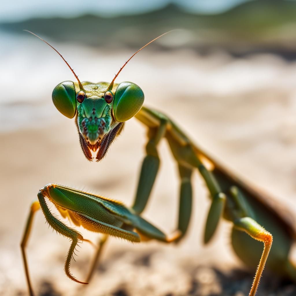 Macro Photo of Mantis on Beach with Bokeh