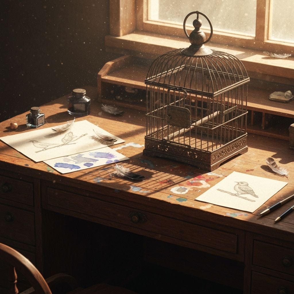 Vintage Birdcage on Artist's Desk with Sunlit Dust