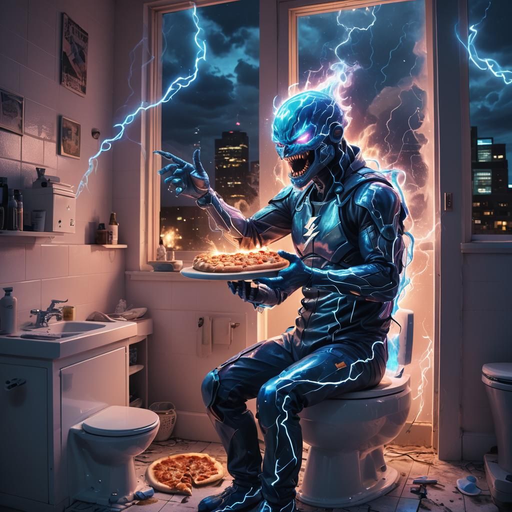 Iridescent Being Cooks Pizza: Electric Neon Art