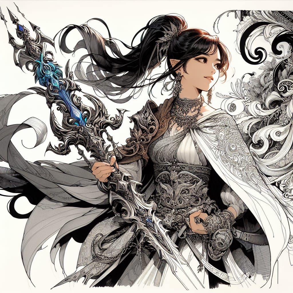 Fantasy Warrior Woman with Elemental Sword, Anime Style