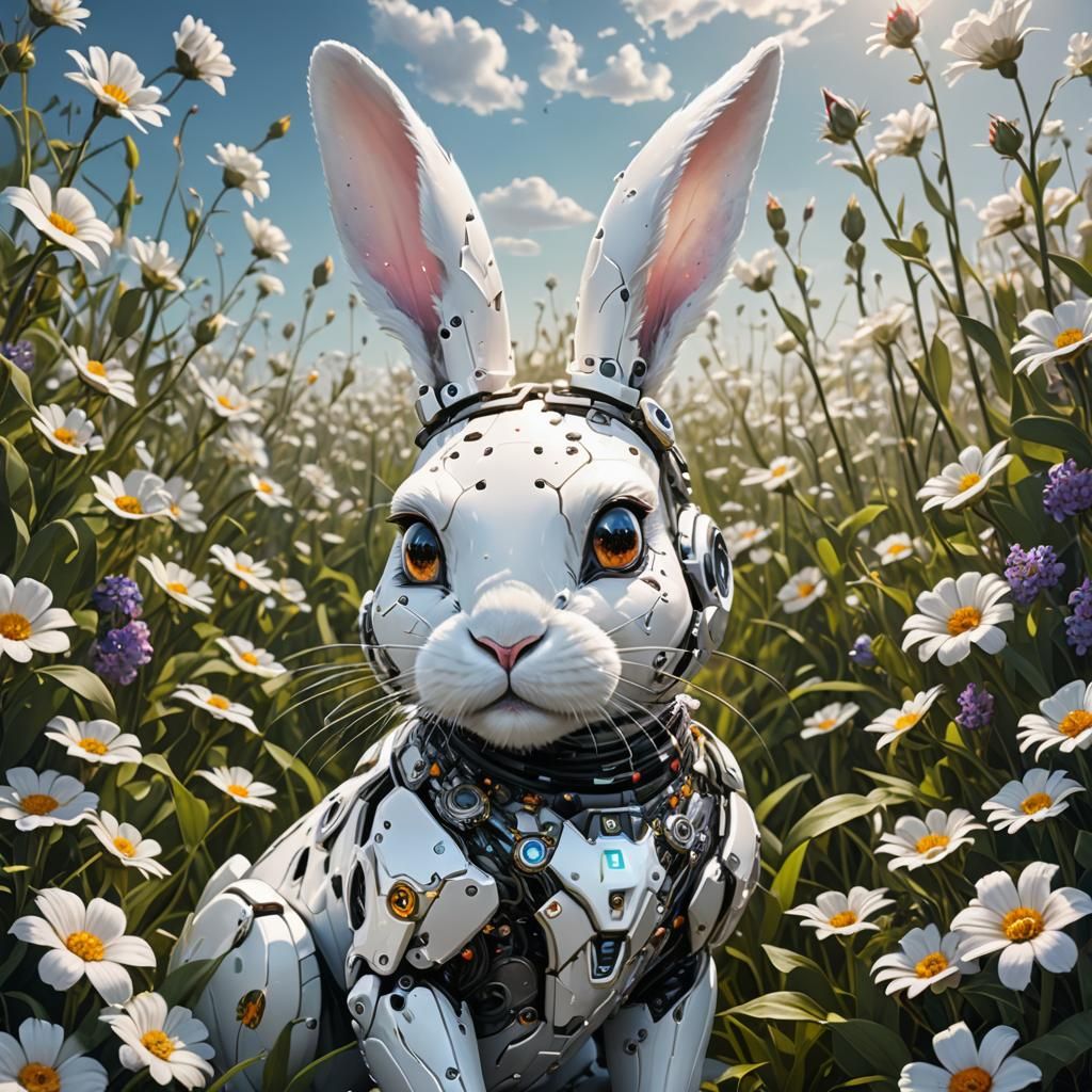 Adorable White Cyborg Rabbit in Flower Field