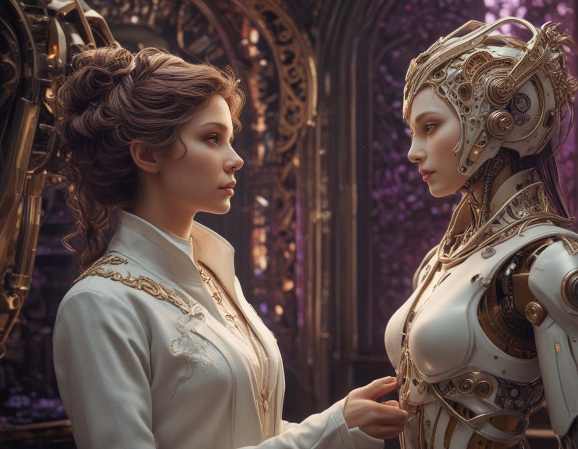 In the image, a woman scientist in a white latex lab coat interacts closely with a humanoid woman-robot. The scientist h...