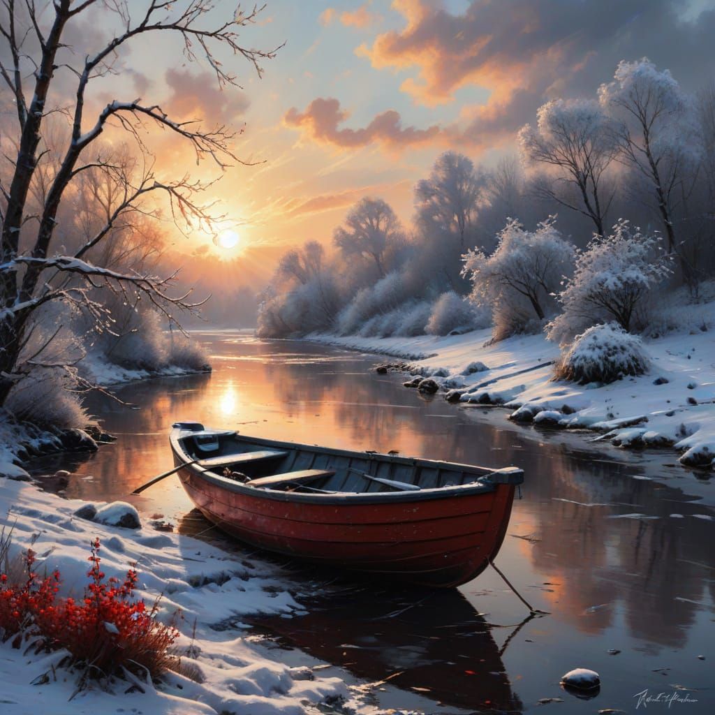 Mystical Riverbank Scene with Bullfinch at Sunset