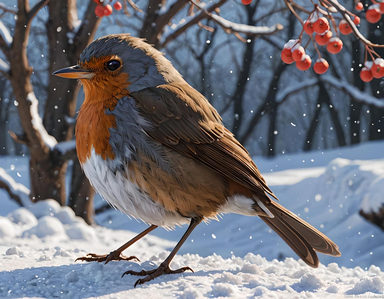 Red Robin Perched in Snowy Winter Scene