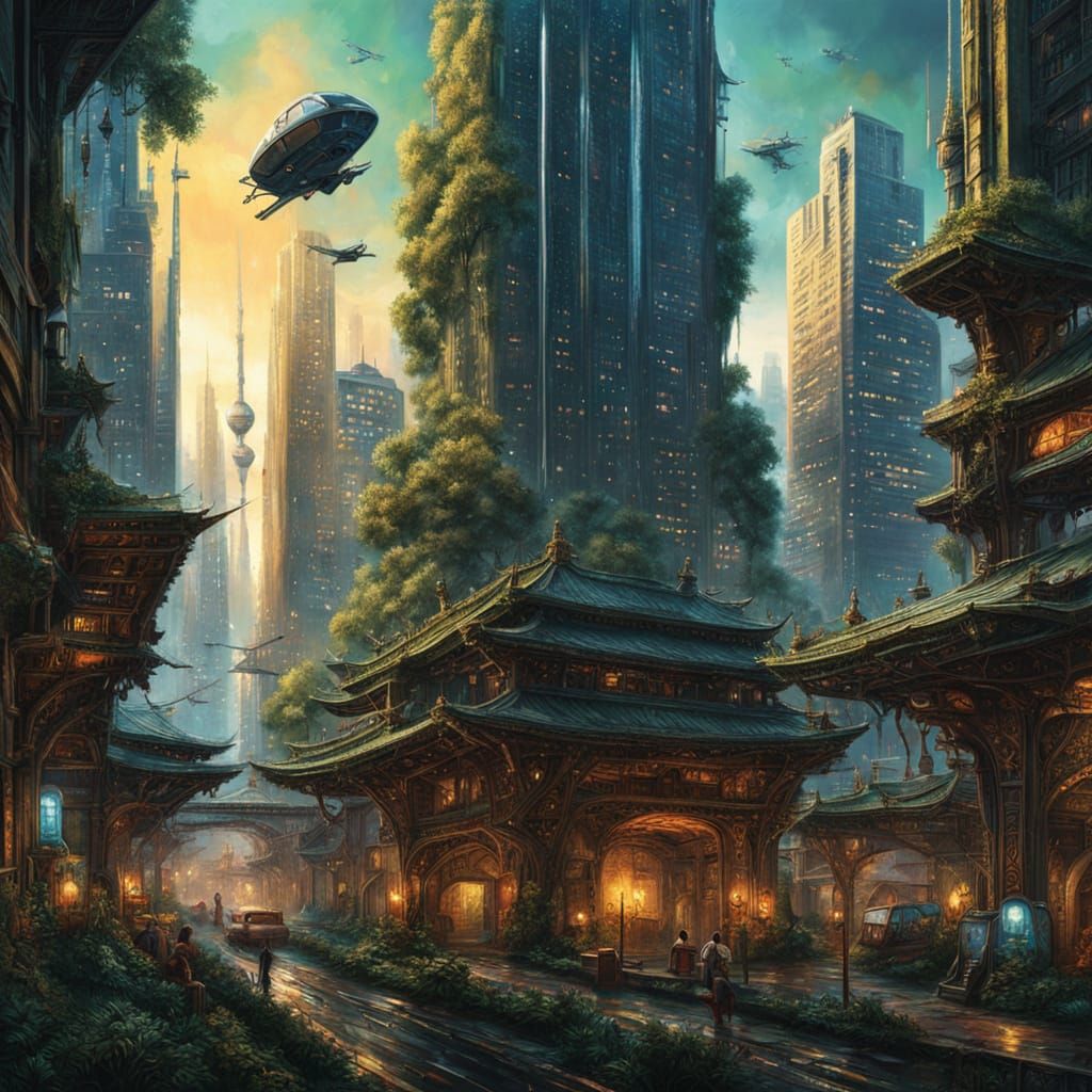 Cyberpunk Cityscape Merges Into Forest: Oil Painting