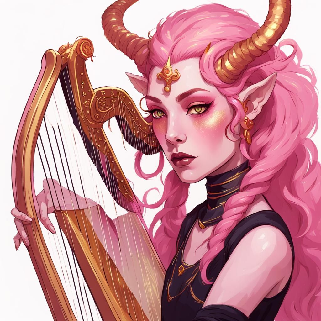 Pink Tiefling Woman Playing Harp Digital Portrait