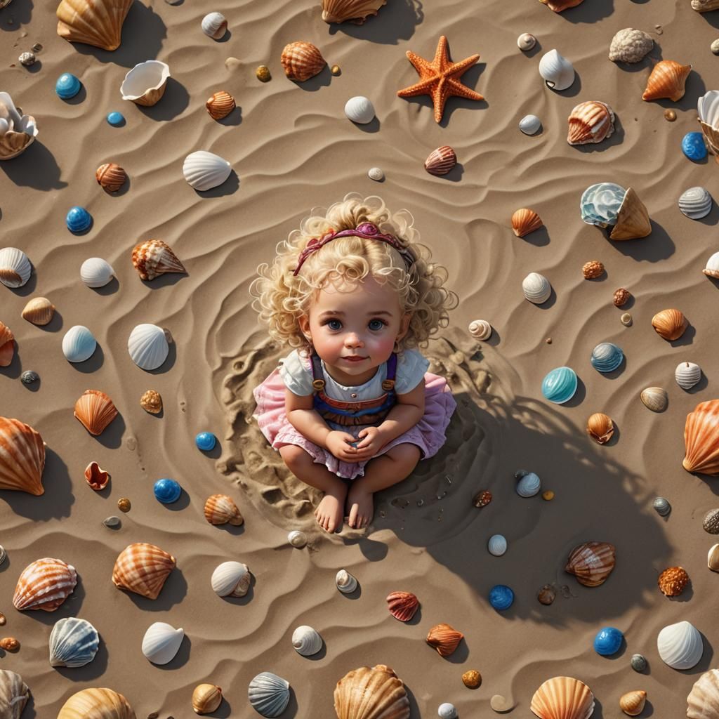 Toddler on Beach with Waves and Shells, Matte Painting