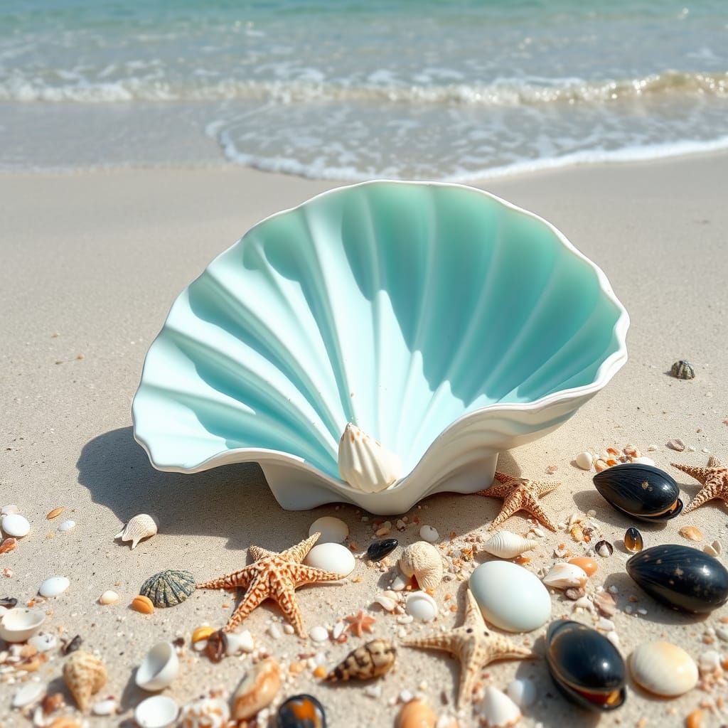 Giant Seashell on Turquoise Beach: Coastal Dreamscape