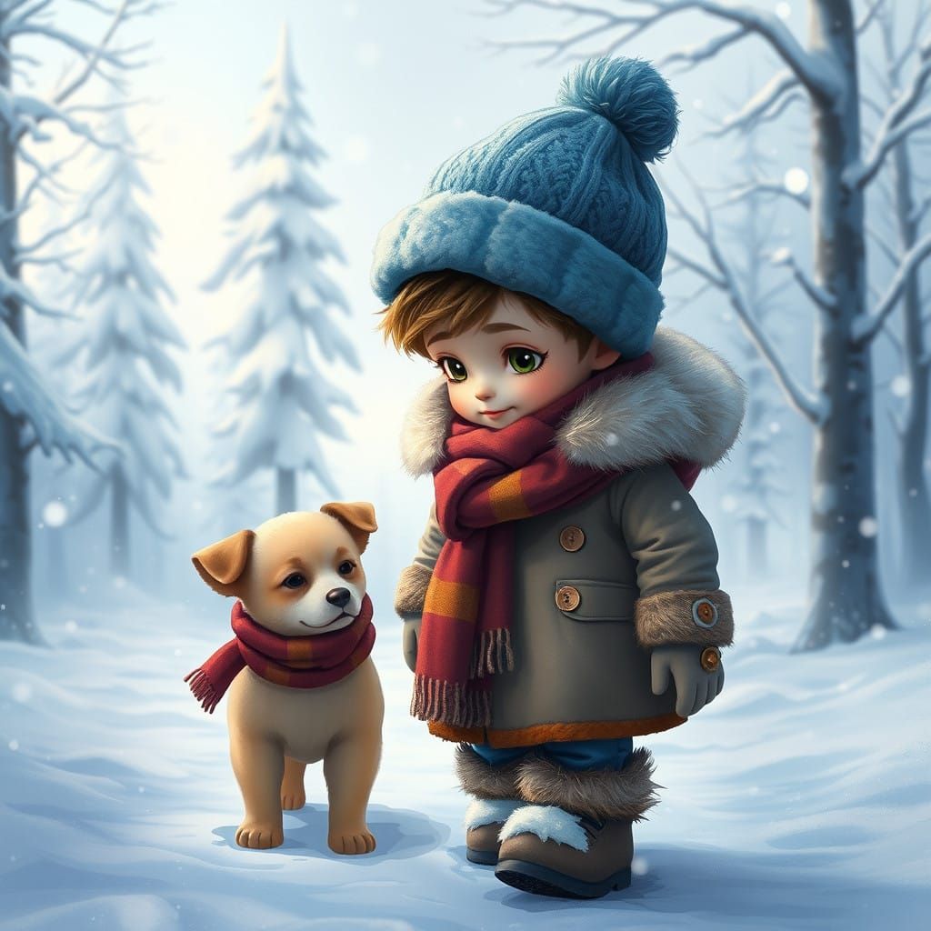 Whimsical Winter Scene of Boy and Dog Walking Through Snowy...