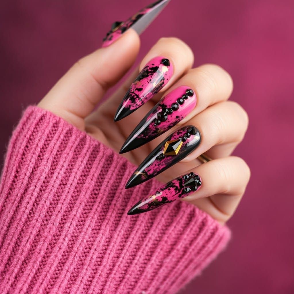 Chaotic Stiletto Nails with Ombre Design and Ink Splatters