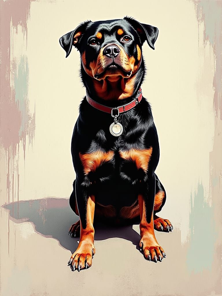 Oil painting of a Rottweiler dog, posing for a photo