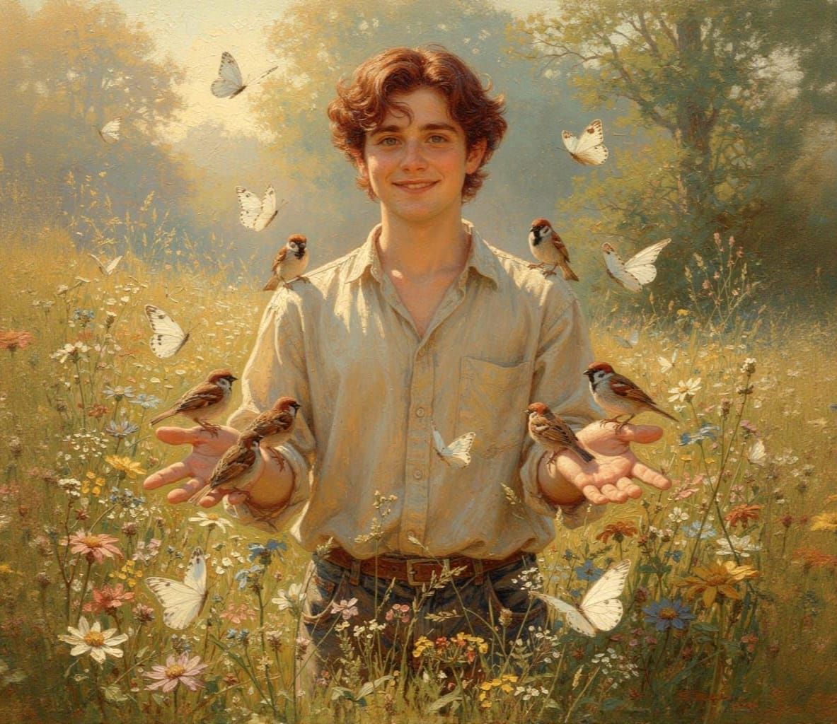 Young Man in Sun-Dappled Meadow with Sparrows