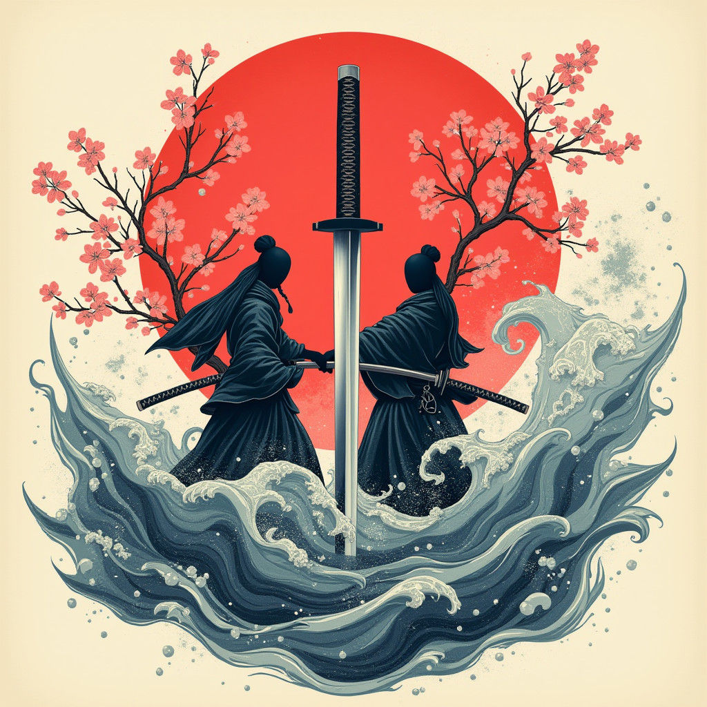 Katana with Fighting Silhouettes in Japanese Art Style