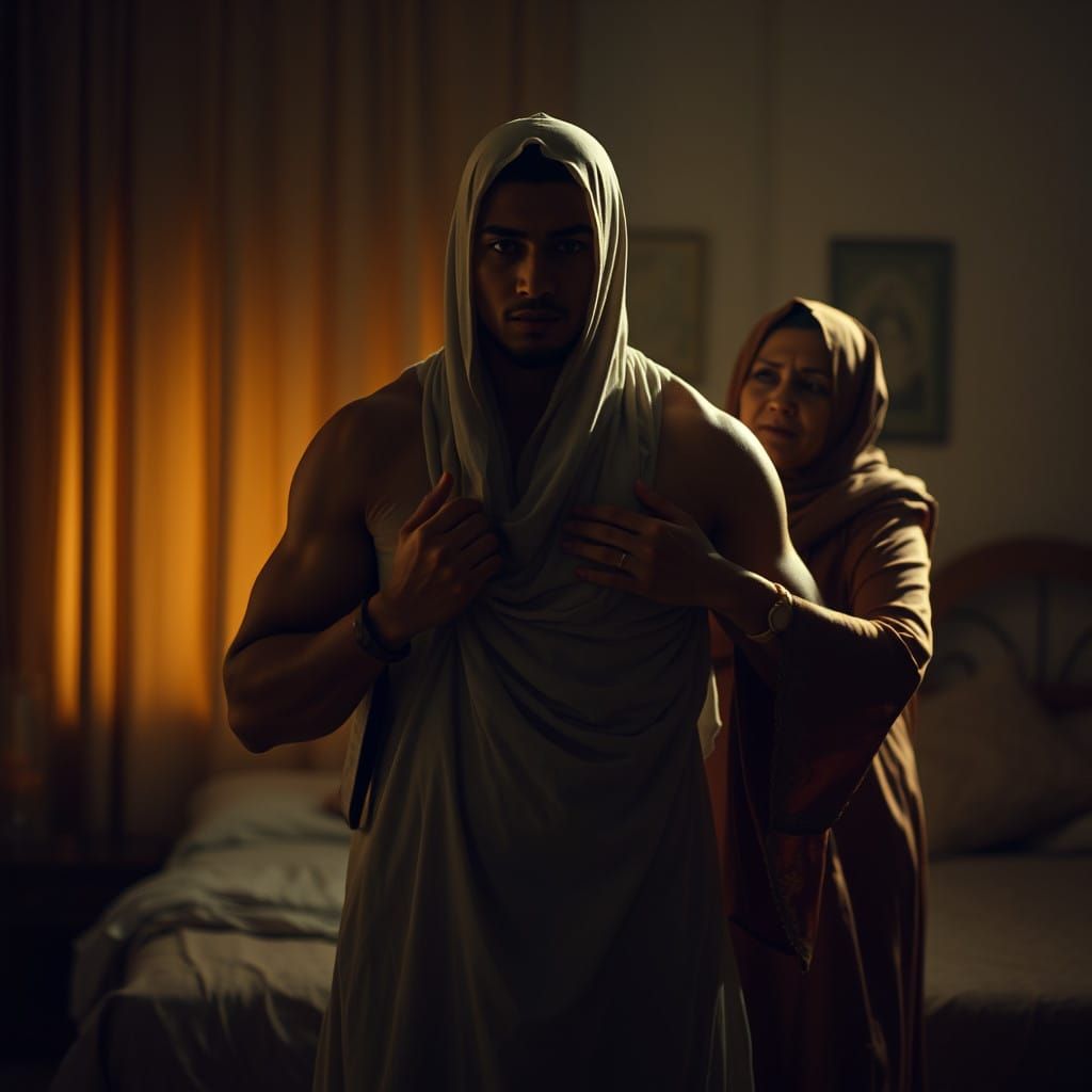 Mother's Tender Moment with Her Muscular Son in Traditional....