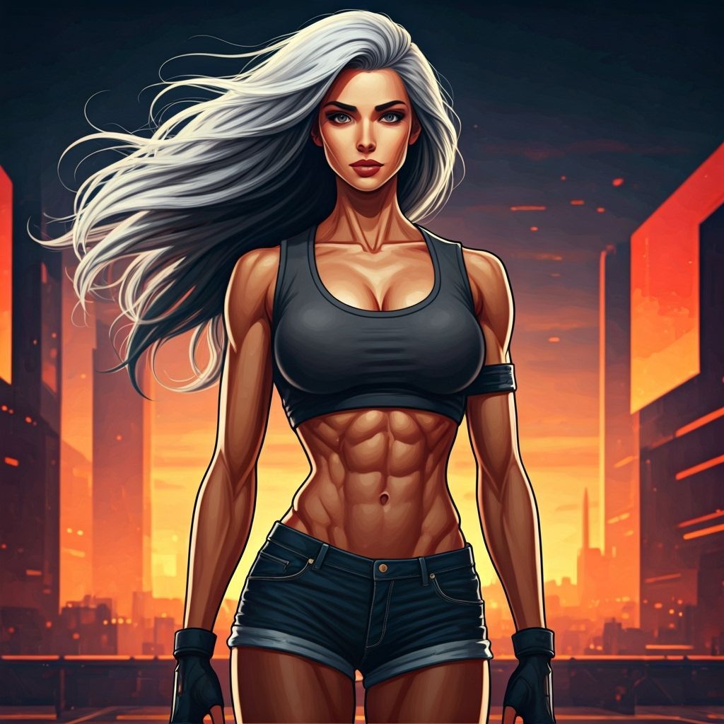 Athletic Woman in Futuristic Cityscape: 2D Cartoon Style