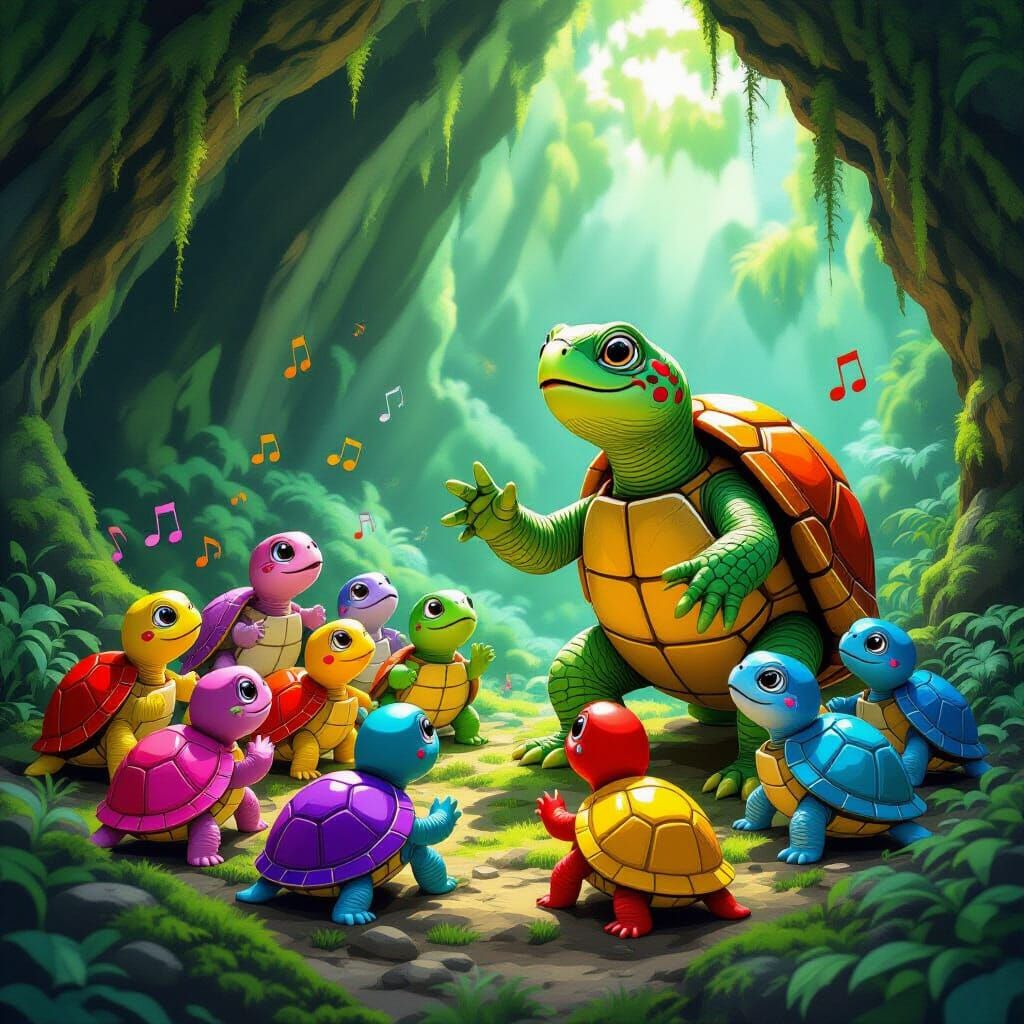 Turtle Conductor Directs a Choir in a Mossy Cave
