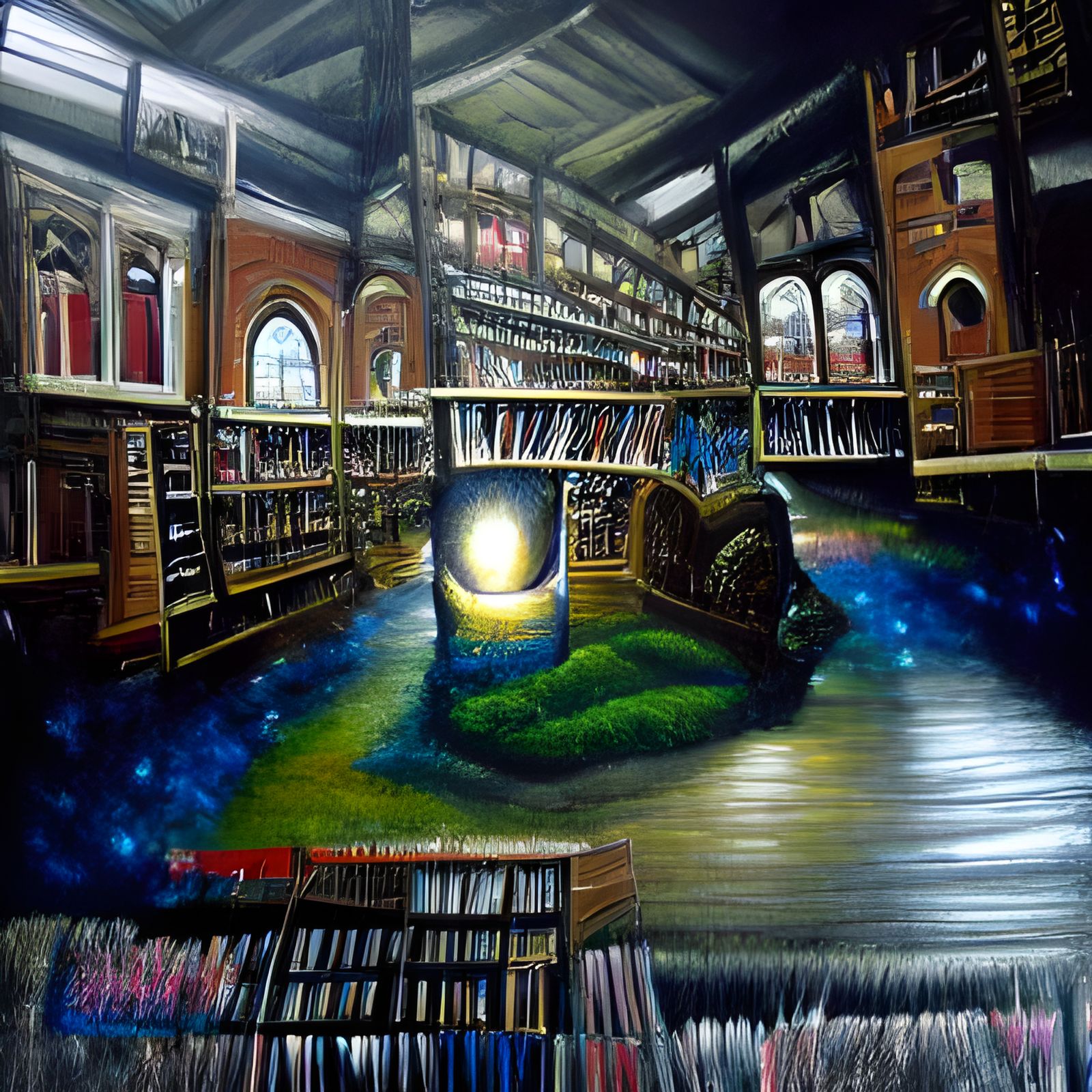 Endless Magical Library with Flickering Lights