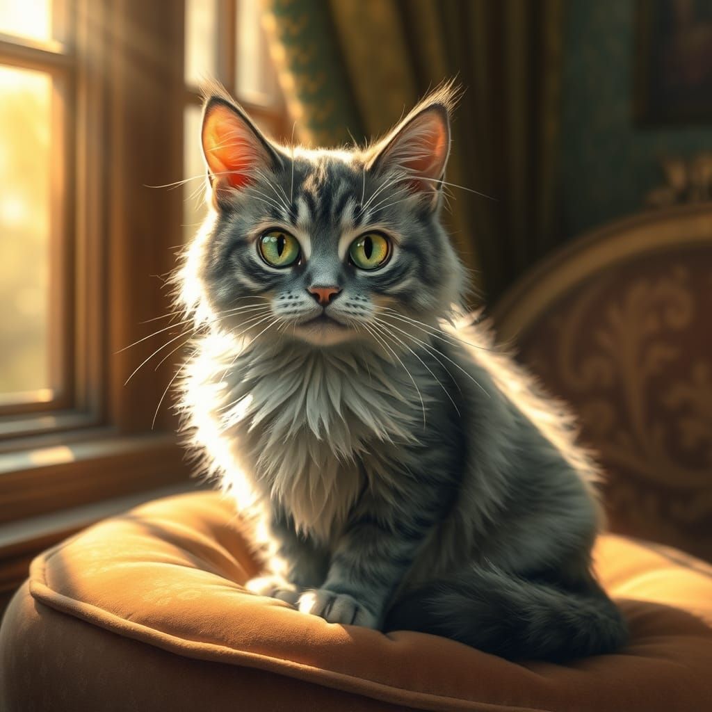 Regal Grey Cat in Sunlight: A Whimsical Illustration