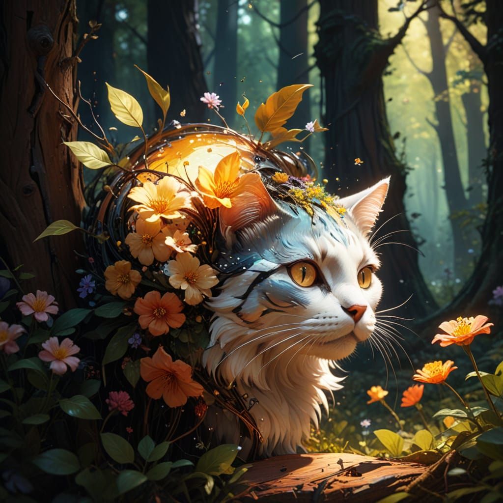 Surreal Pop Art Portrait of a Cat in a Dreamlike Forest