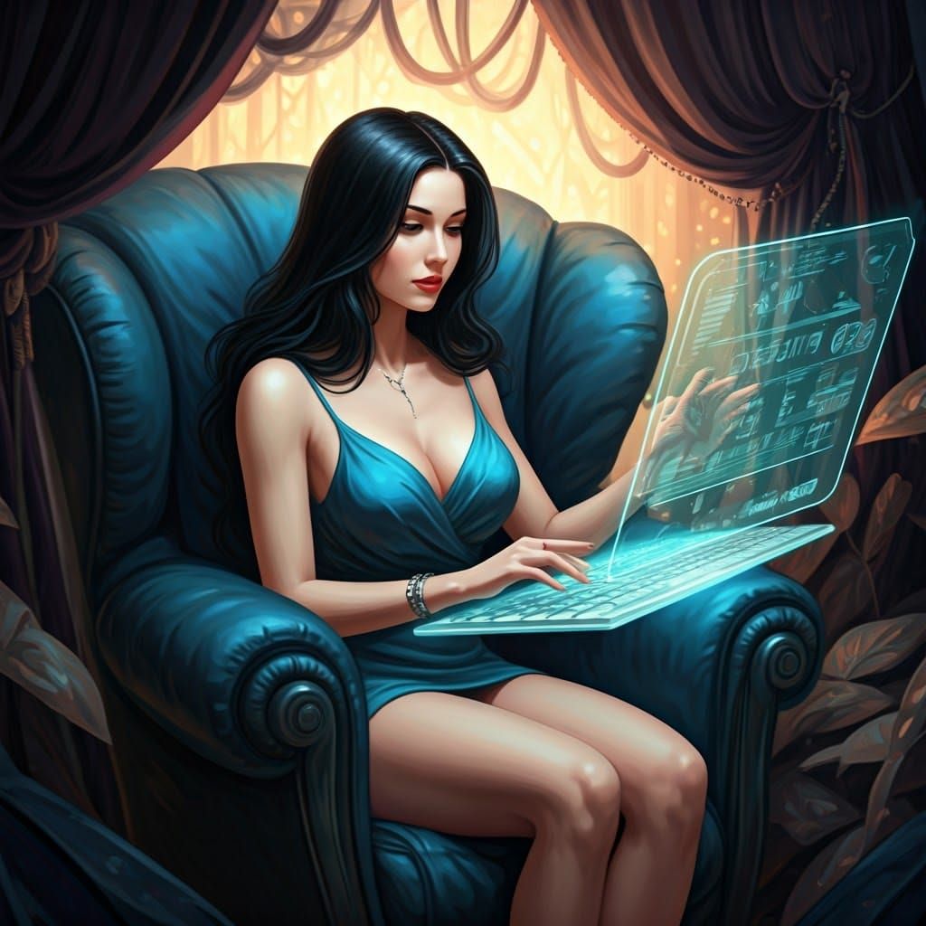A beautiful lady sits at home in a blue recliner playing with AI. Mishmash style