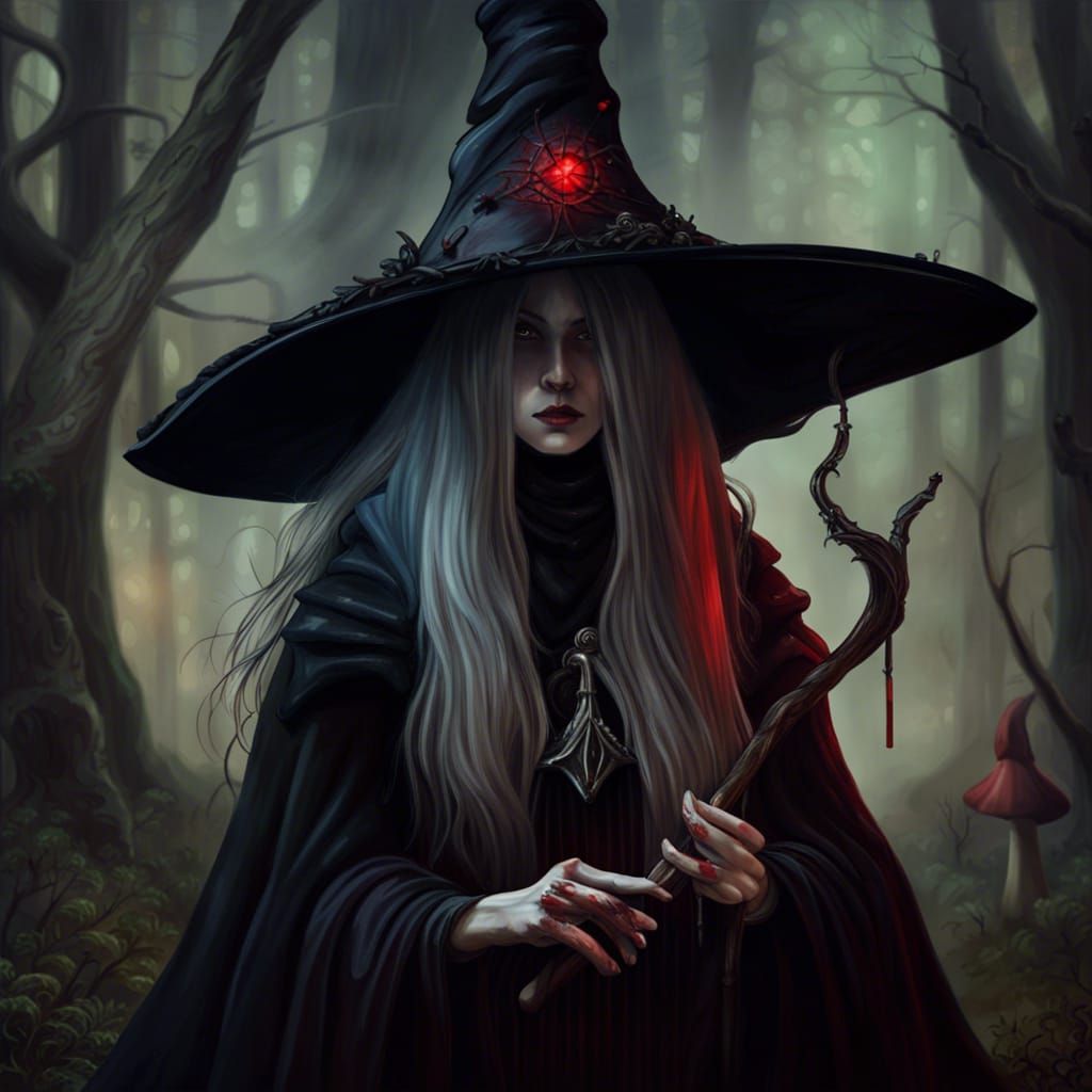 Unholy Witch in Enchanted Woodland at Sunset