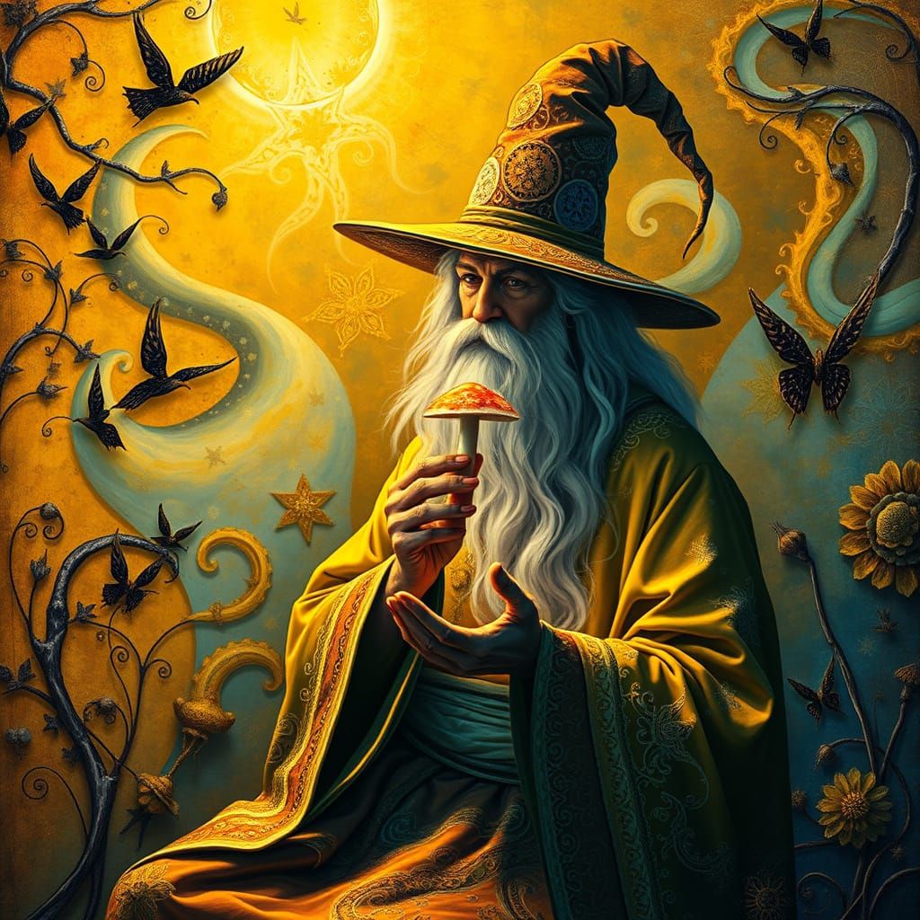 Ethereal Wizard in Embroidered Robes Holds Iridescent Amanit...