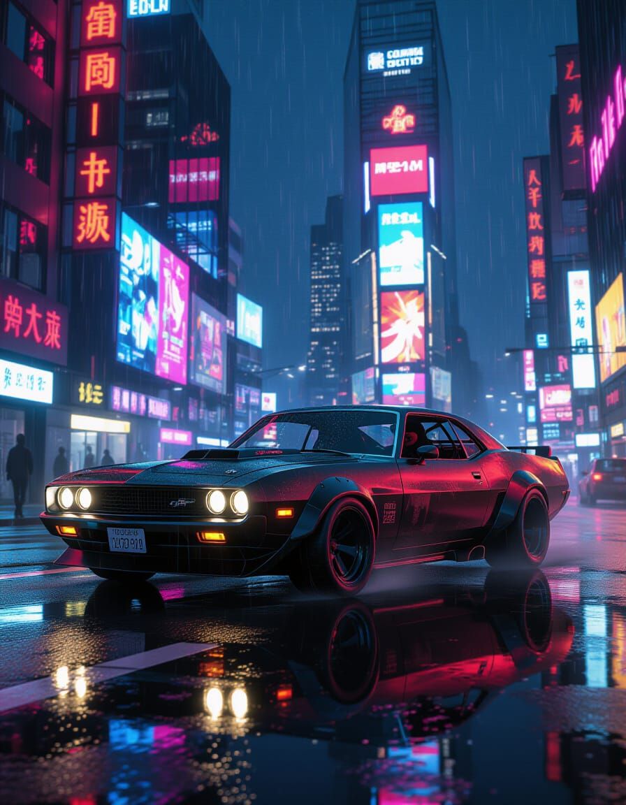 Cyberpunk Muscle Car Speeds Through Neon City at Night