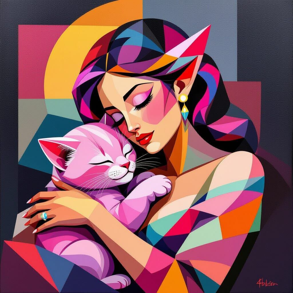 Alien Cubist Painting of Creature Sleeping on Woman's Lap