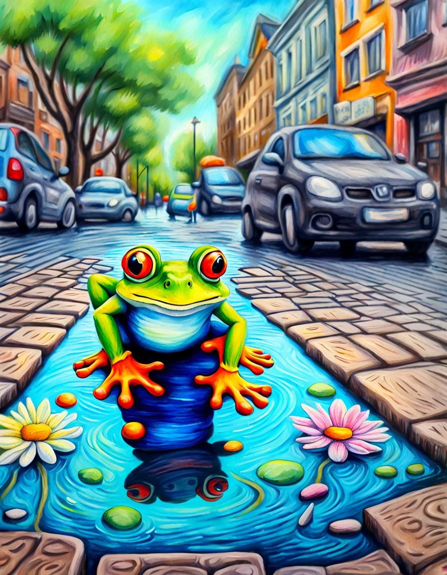 3D Chalk Art: Frog Leaps from Pond