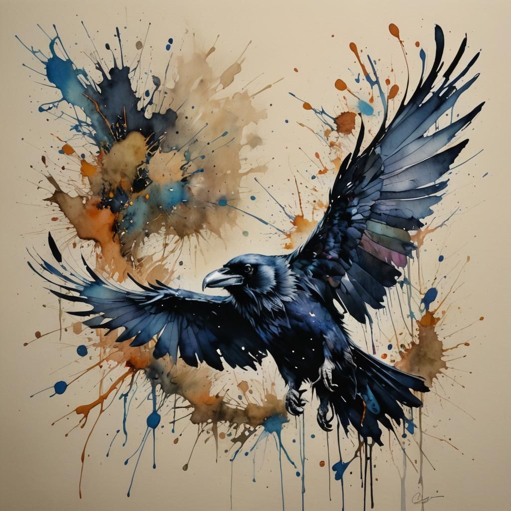 Raven in Flight: Watercolor Painting