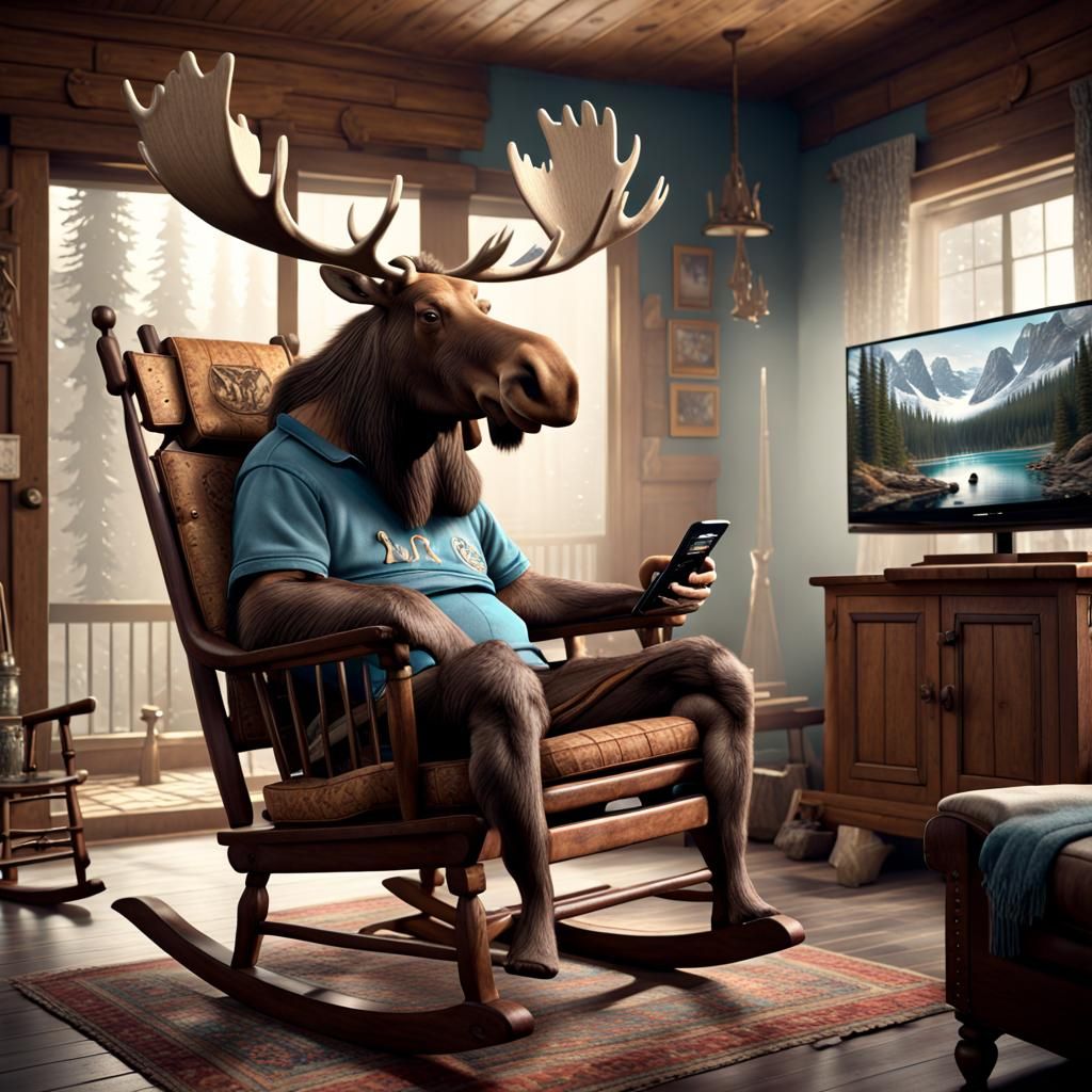Moose Watching TV in Rocking Chair