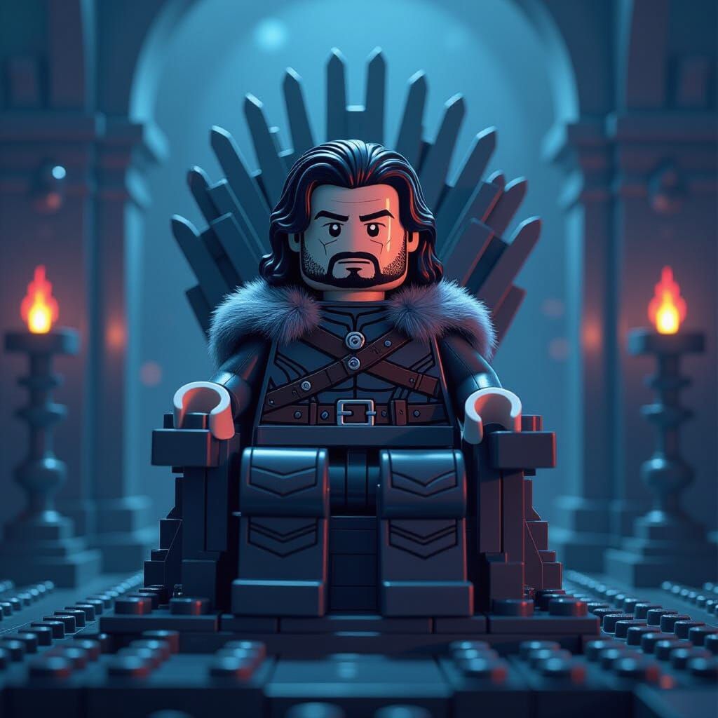 Illustrate Jhon Snow black hairs on the throne of swords, cr...