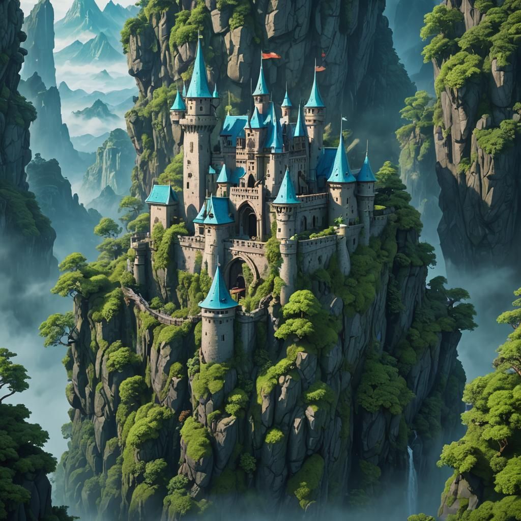 Anime Castle on Green Mountain in Mist