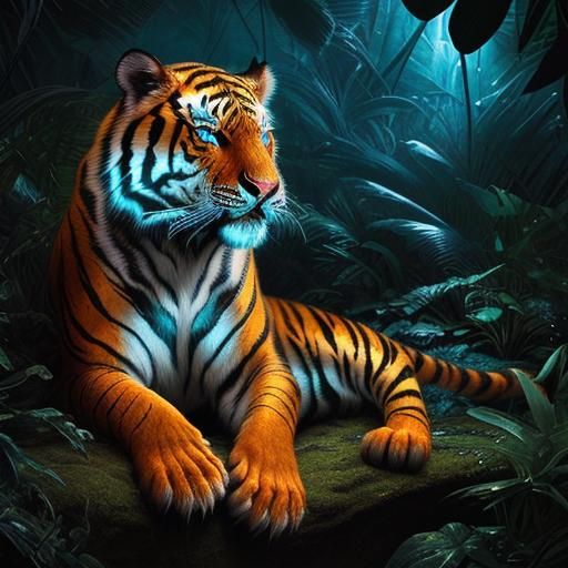 Bioluminescent Tiger in Magical Jungle, Hyperrealistic Image
