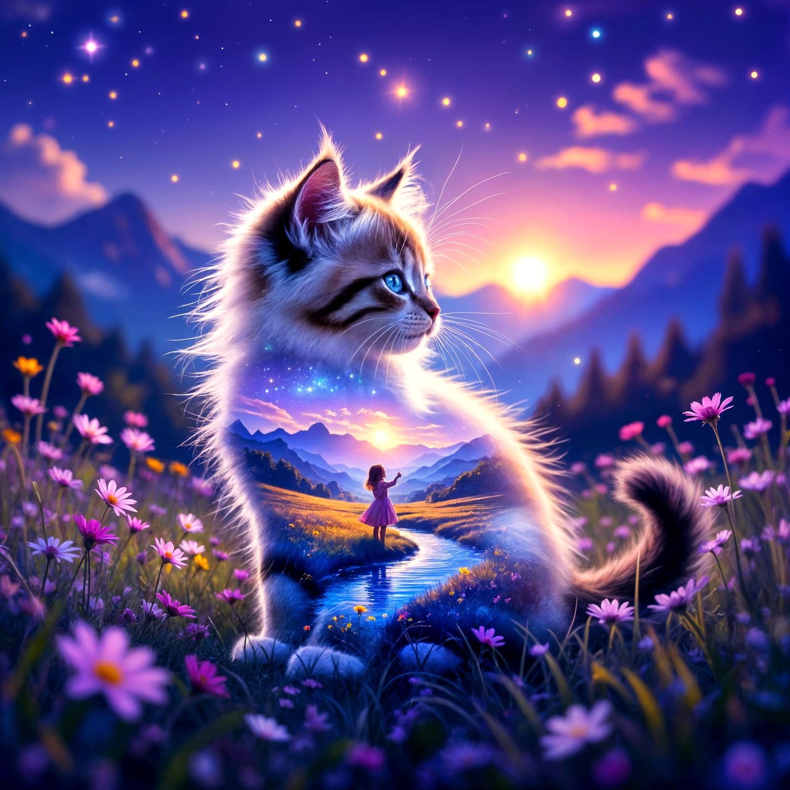 Fantasy Kitten Double Exposure with Girl in Meadow
