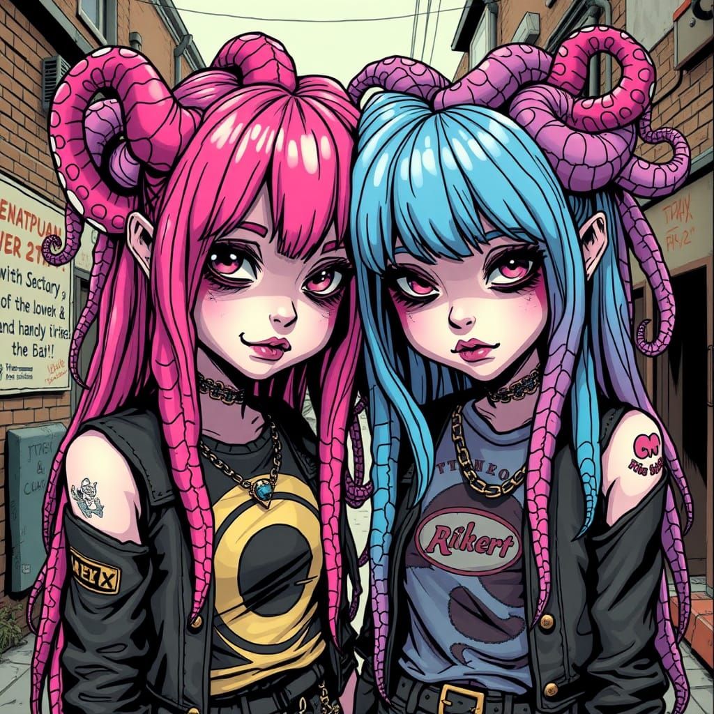 Two Punk Girls with Tentacle Hair in Comic Art