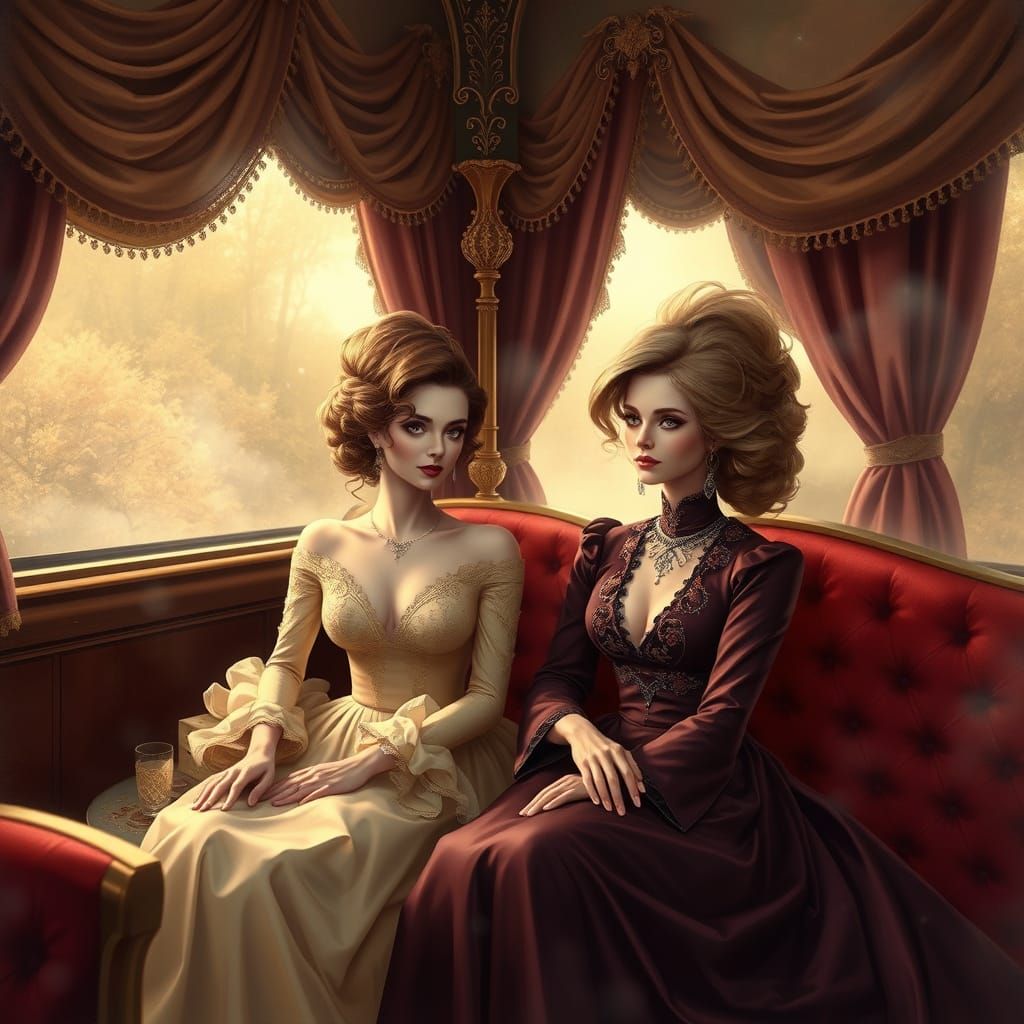 Elegant Women on a Luxurious, Mystical Train