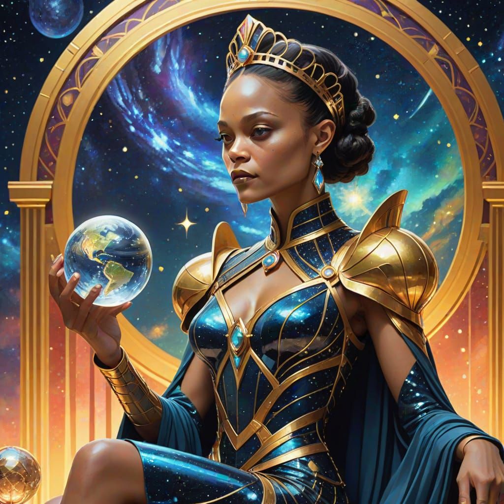 Regal Galactic Princess in Opulent Art Deco Throne