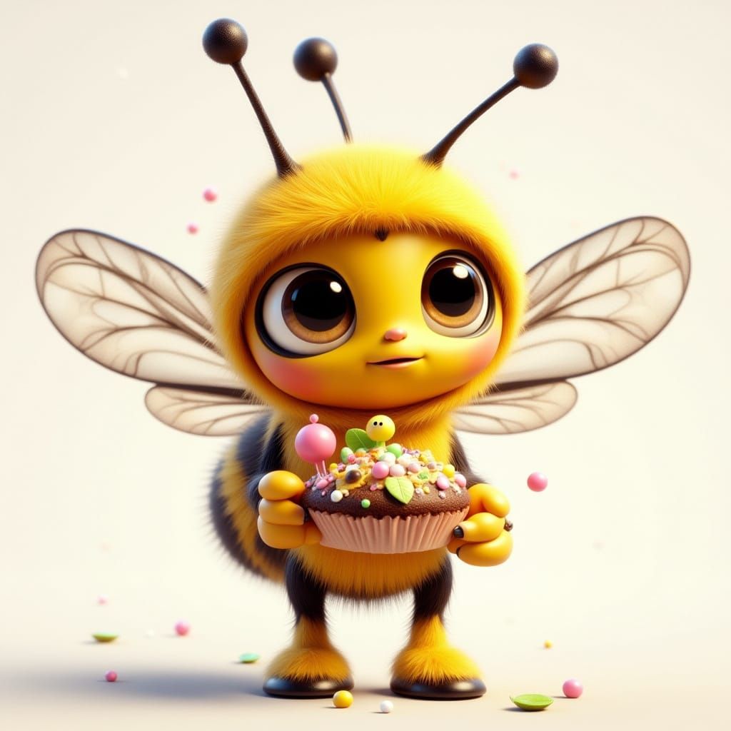 Cartoon Bee with Cupcake in Anime Style